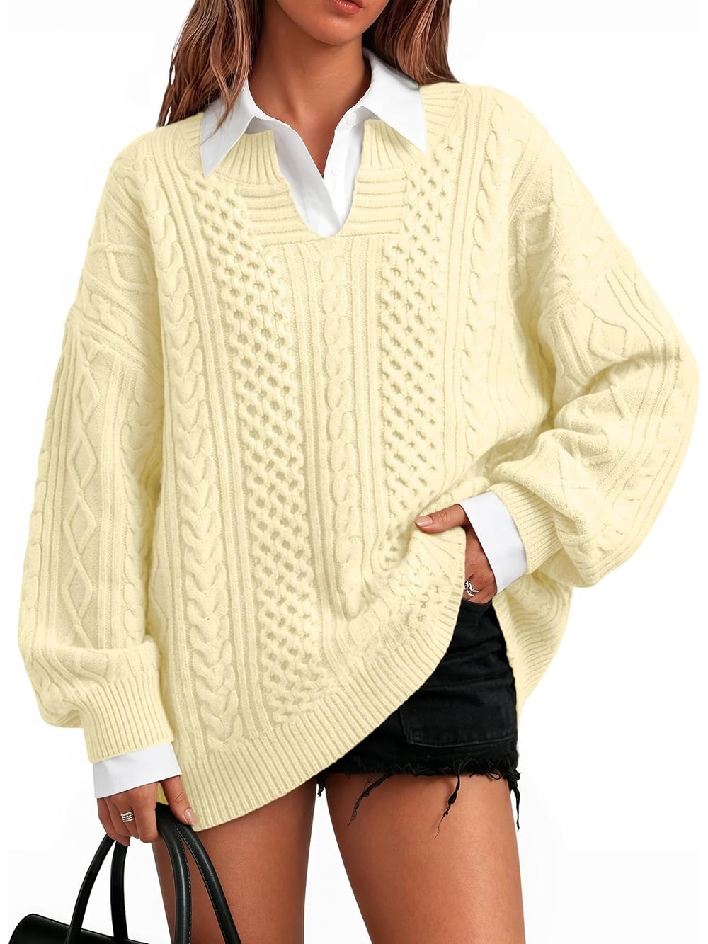 🆕 Womens Yellow Cable Knit Oversized Sweater V Neck Long Sleeve Pullover Top